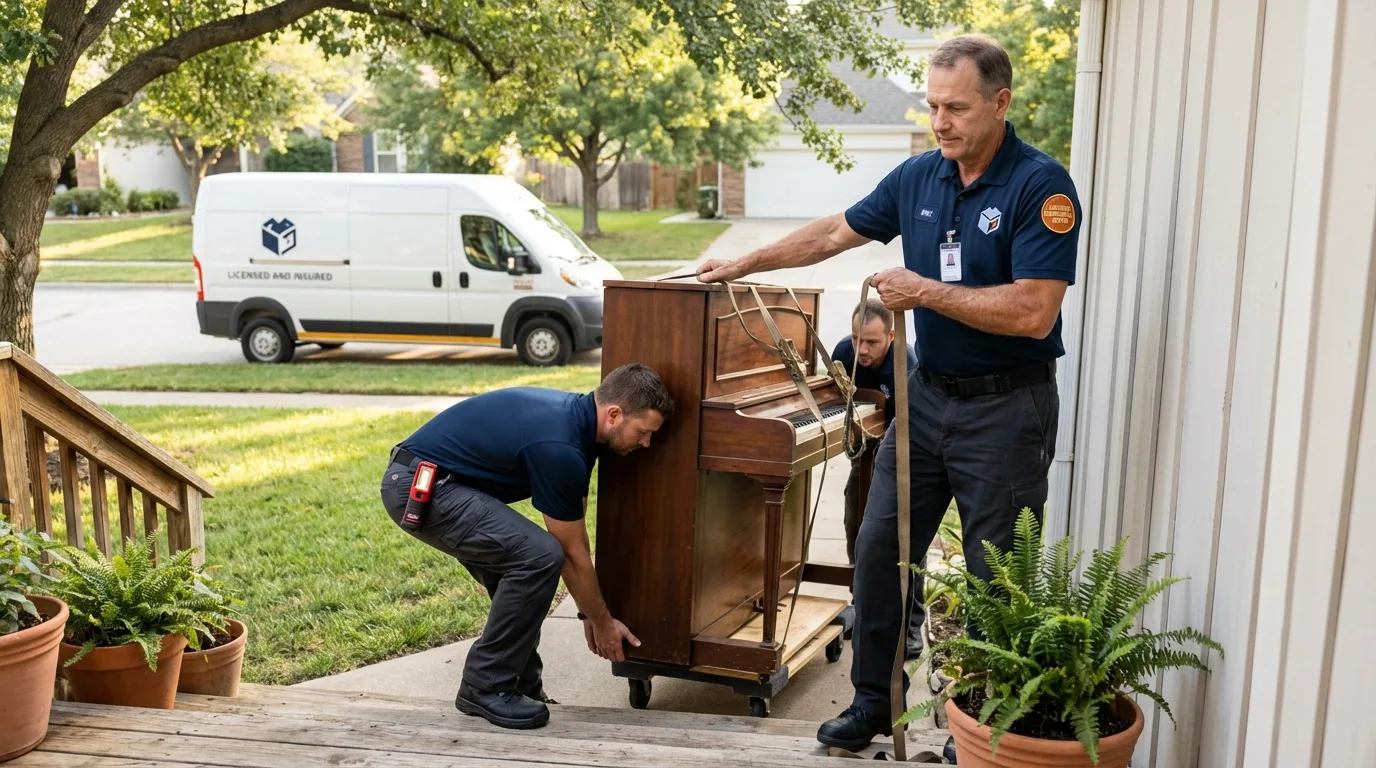 Licensed piano movers securing grand piano in Verona, VA