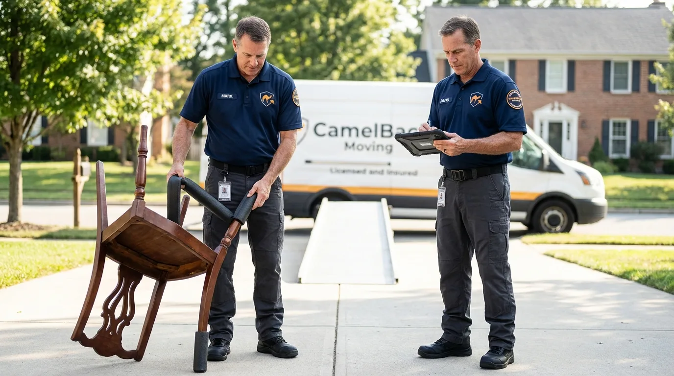 Movers inspecting furniture for damage prevention before loading in Verona, VA