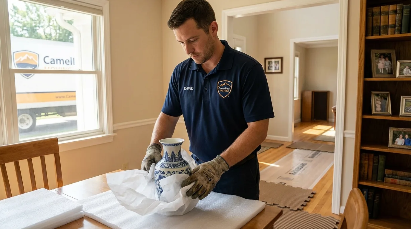 Professional crew carefully wrapping antique vase for senior downsizing move in Verona, VA
